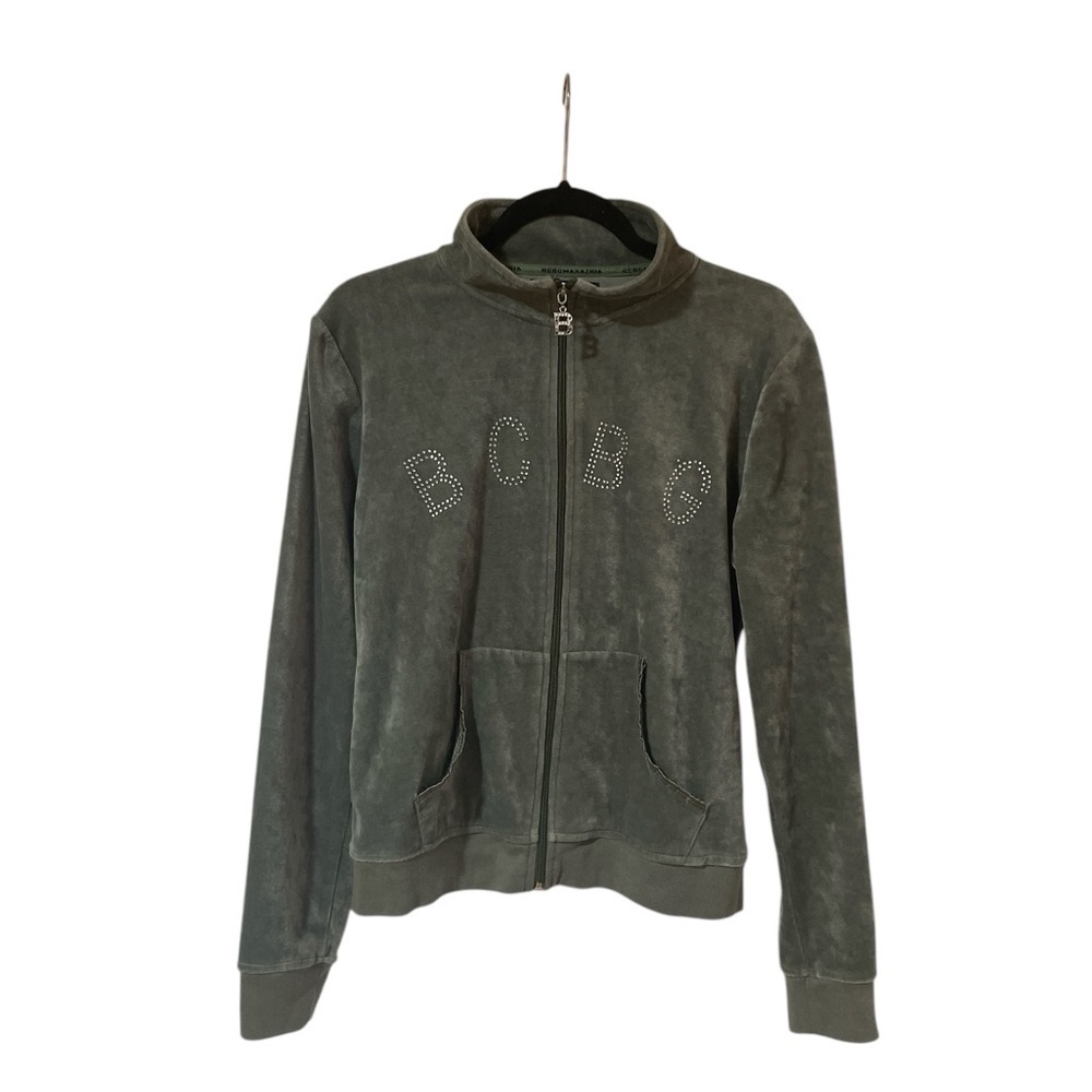 BCBG Max Azria Velour Jacket Size L Rhinestone Full Zip Long Sleeve Green Pocket